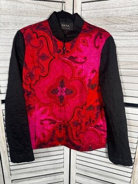 Dana Buchman Quilted Jacket Women’s L Black Red Paisley Patchwork Zip Floral